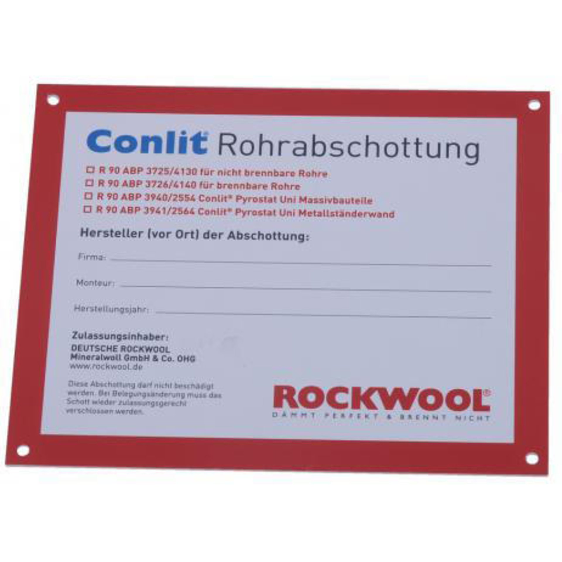Conlit Kennzeichnungsschild R90-Rohrabschottung (abZ) für Kunststoffgasrohre